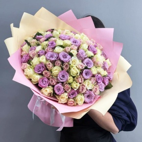 Букет из 101 розы пастельный микс и роз Меритим (40 см) в Клину